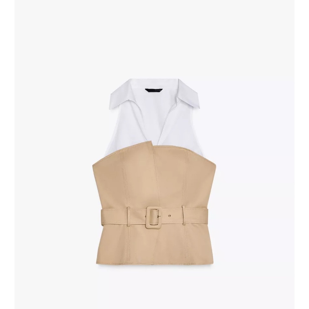 Tan Belted top with White Collar